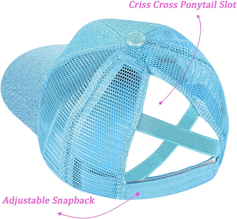 BROMZ Girls Glitter Baseball Cap Kids Ponytail Hat Adjustable Summer Mesh Trucker Hats for 4-12 Years - Image 3